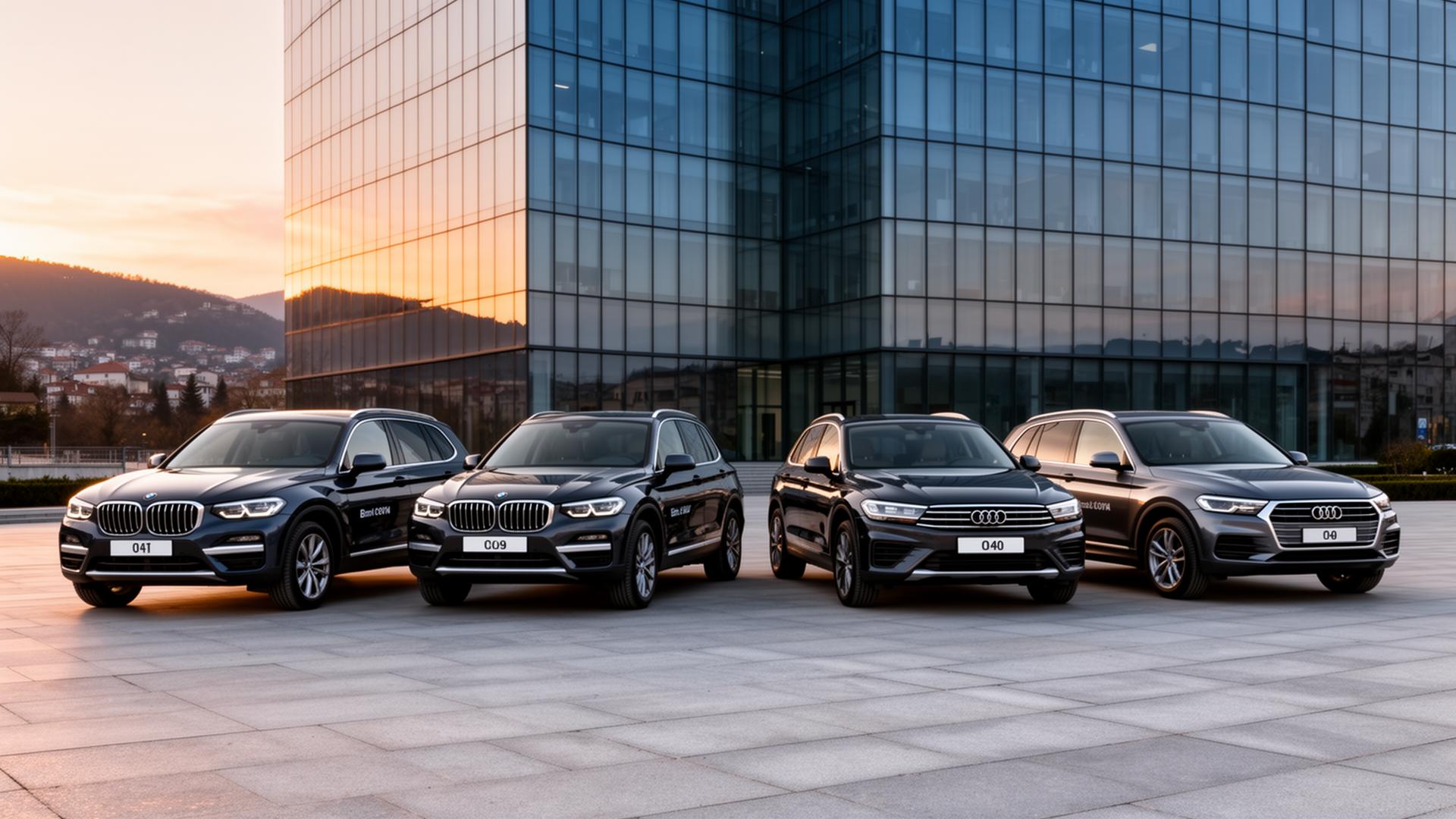 Premium SUV flota ispred poslovne zgrade u Sarajevu — BMW X3, Audi Q5, VW Tiguan