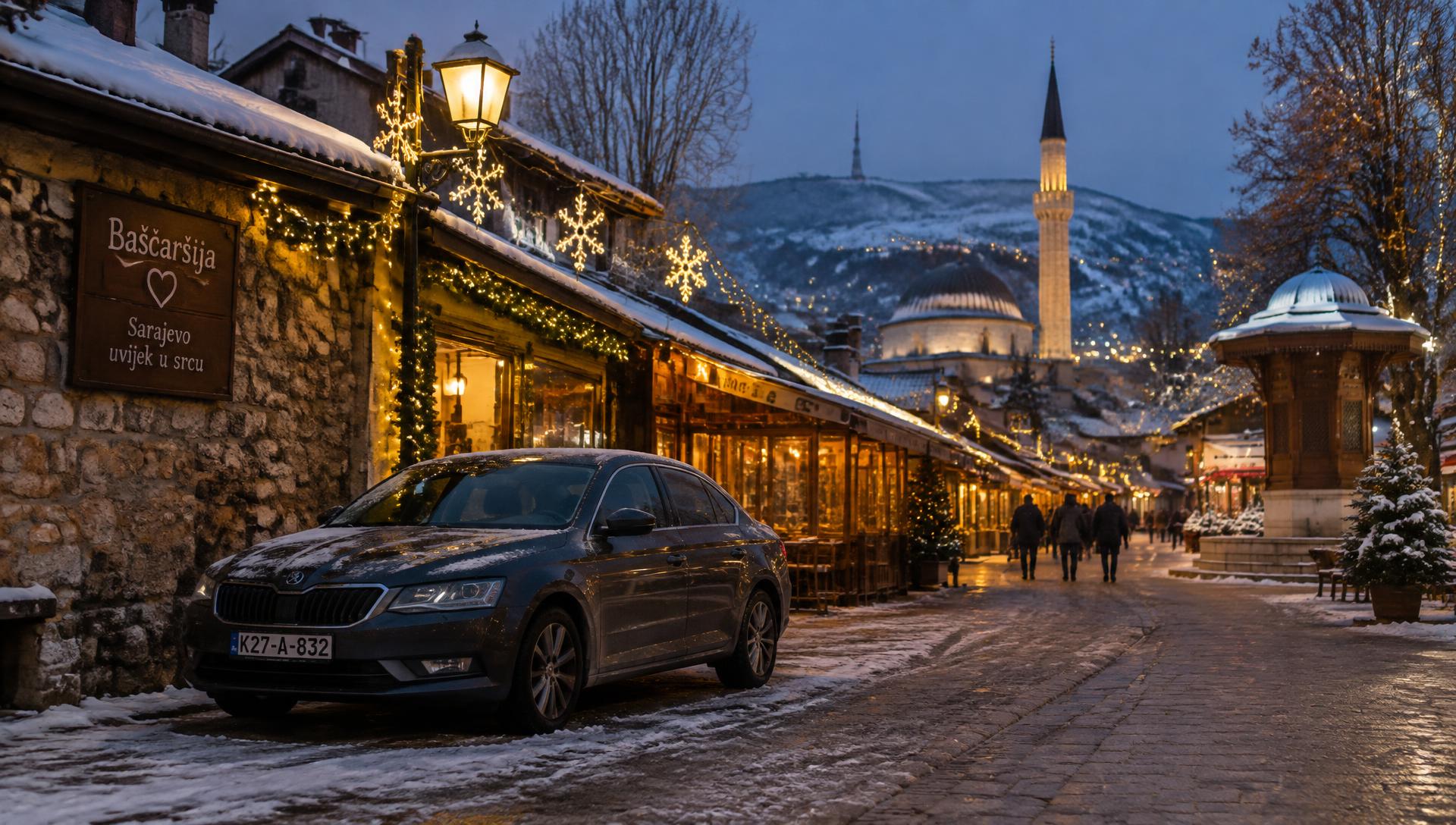Mietwagen Sarajevo im Winter — Auto in der festlich beleuchteten Baščaršija